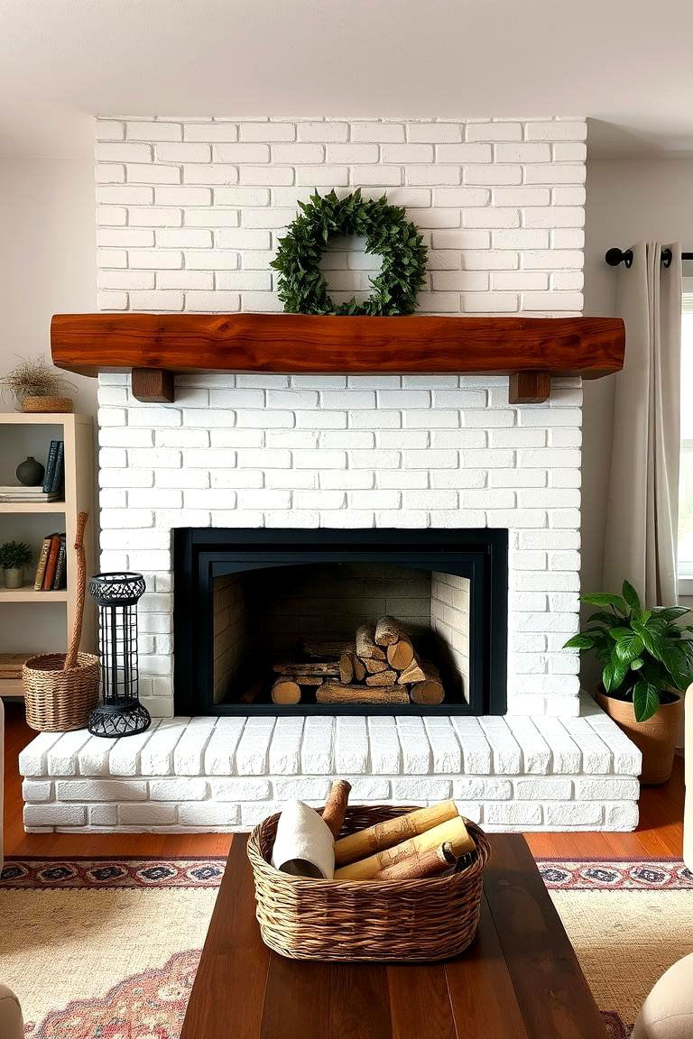 White Brick Fireplace with Wooden Beam Mantel - 24 White Fireplace Ideas