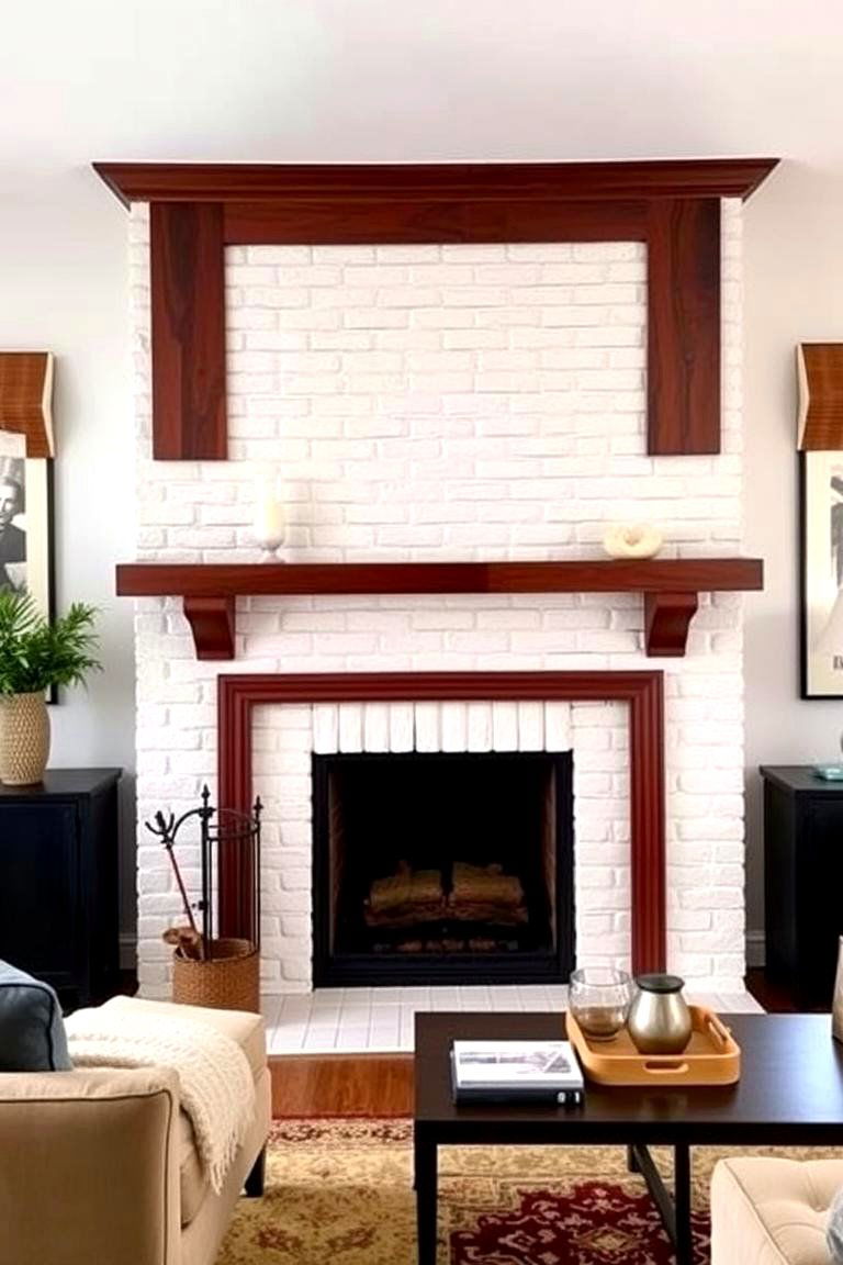 White Brick Fireplace with a Dark Mantel - 24 White Brick Fireplace Ideas