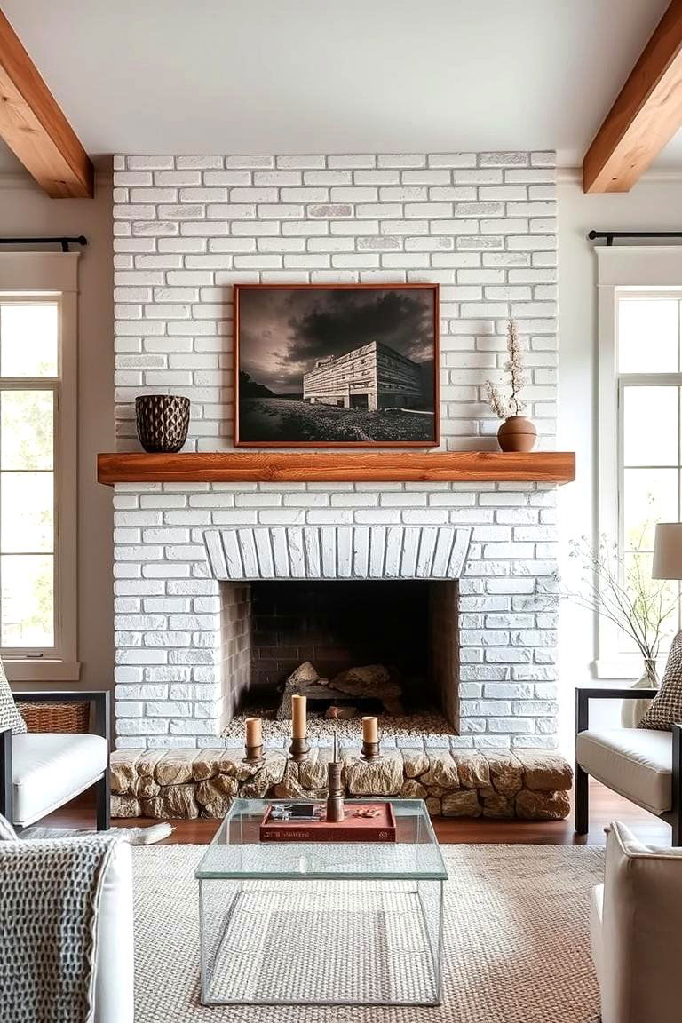 White Brick Fireplace with a Stone Hearth - 24 White Brick Fireplace Ideas