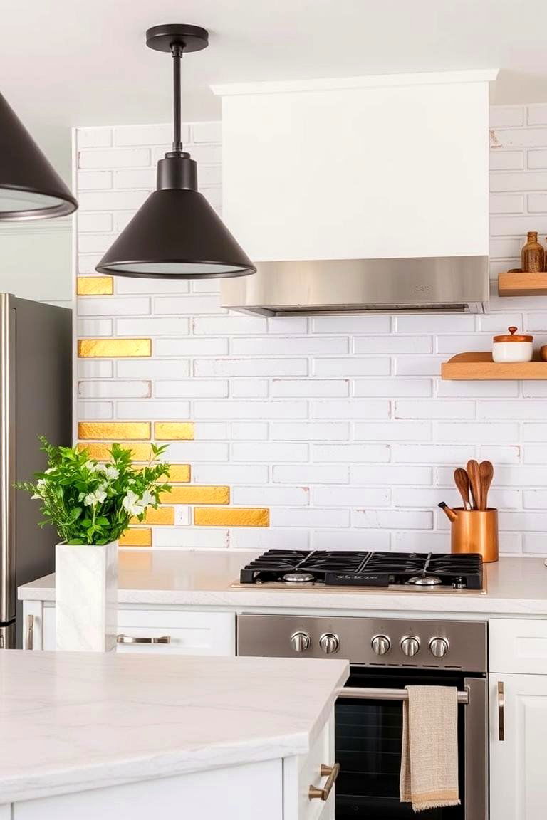 White Brick Veneer with Gold Painted Sections - 24 White and Gold Kitchen Backsplash Ideas