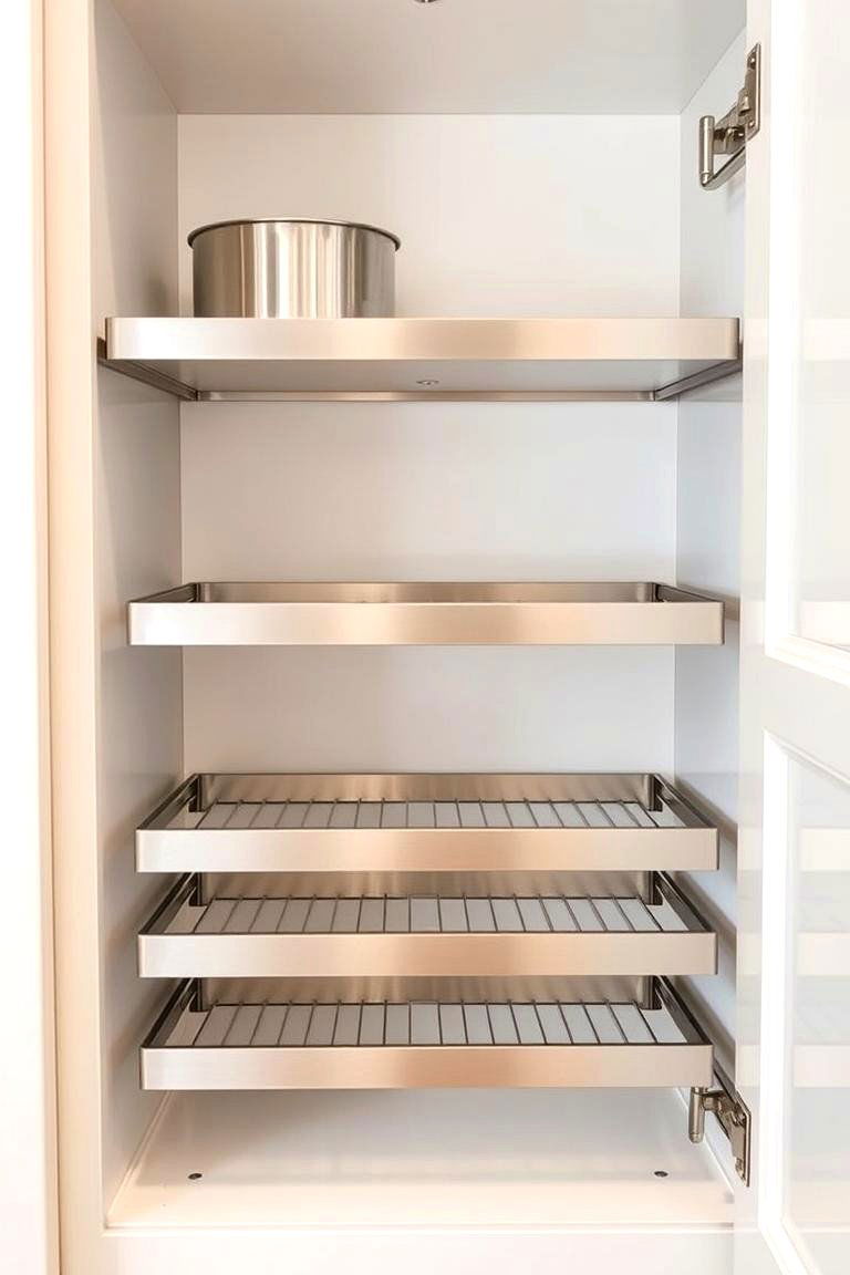 White Cabinet Interiors with Stainless Steel Pull Out Organizers - 24 White Kitchen with Stainless Steel Appliances Ideas