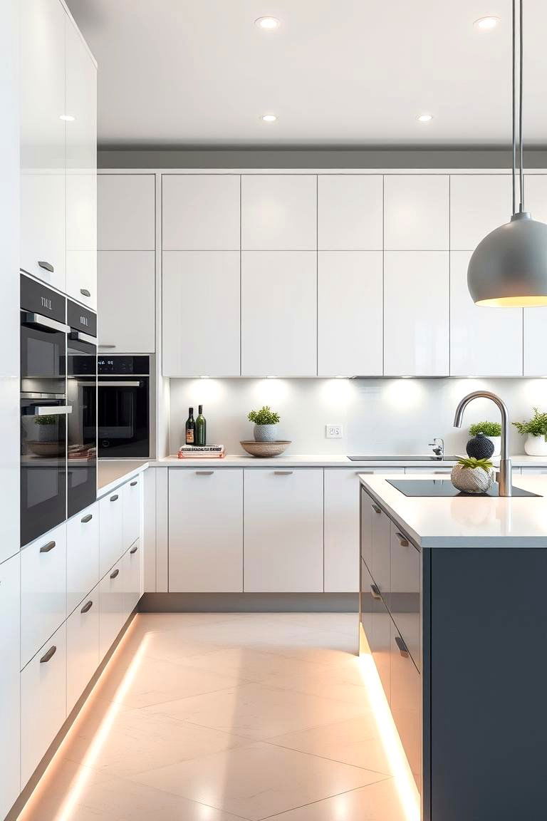 White Cabinets and a Grey Island with Open Toe Kick Space - 24 White Kitchen Cabinets With Grey Island Ideas
