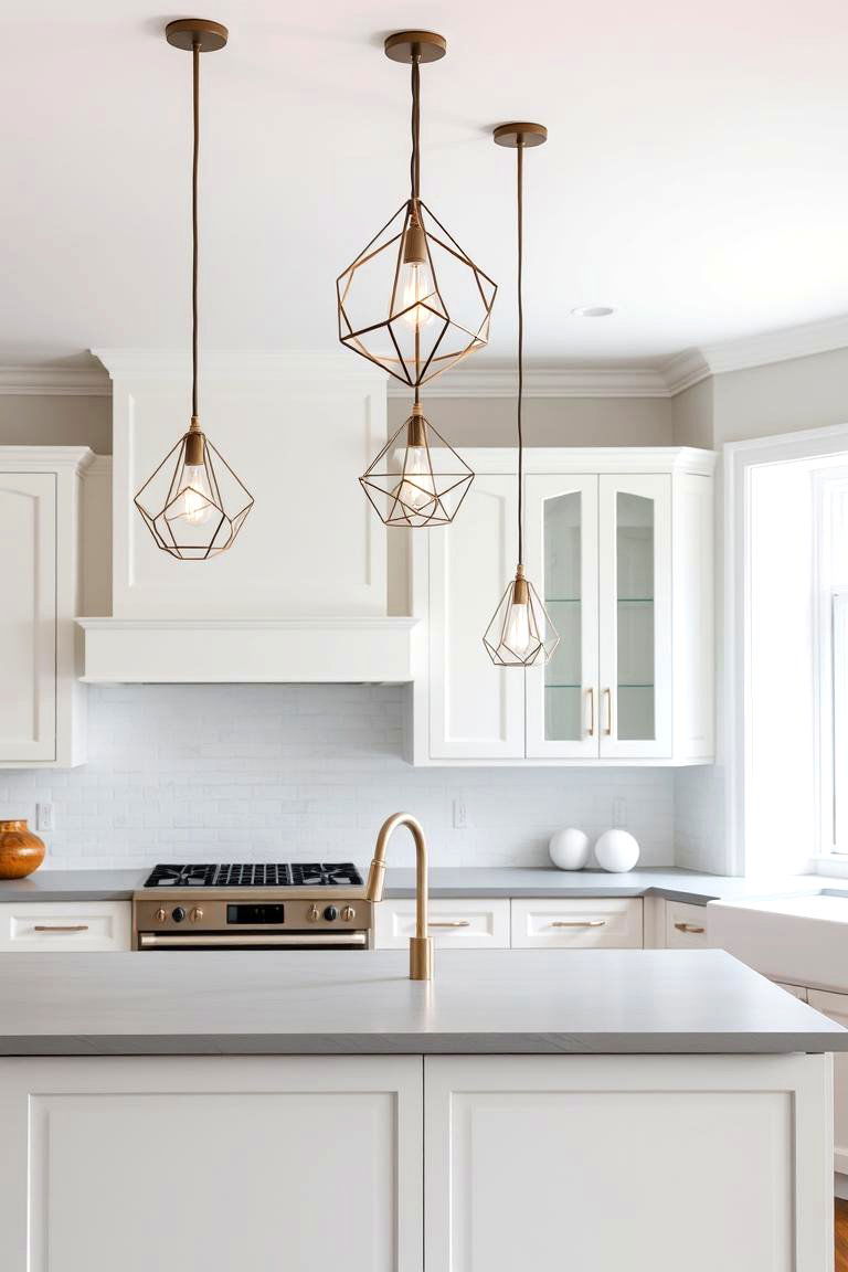 White Cabinets and a Grey Island with Unique Lighting - 24 White Kitchen Cabinets With Grey Island Ideas