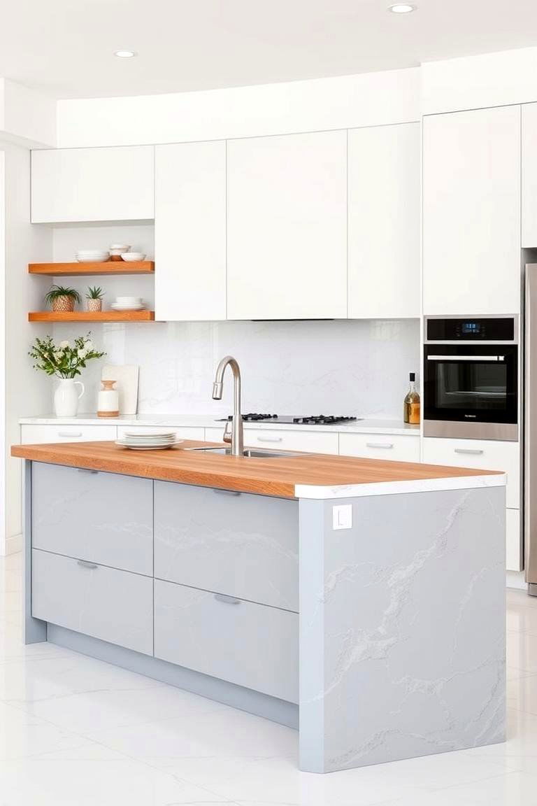 White Cabinets and a Grey Island with a Different Countertop Material - 24 White Kitchen Cabinets With Grey Island Ideas