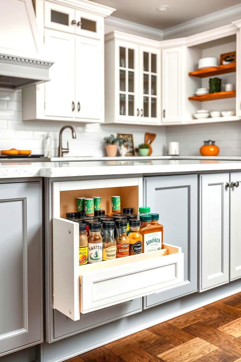 White Cabinets and a Grey Island with a Pull Out Spice Rack - 24 White Kitchen Cabinets With Grey Island Ideas