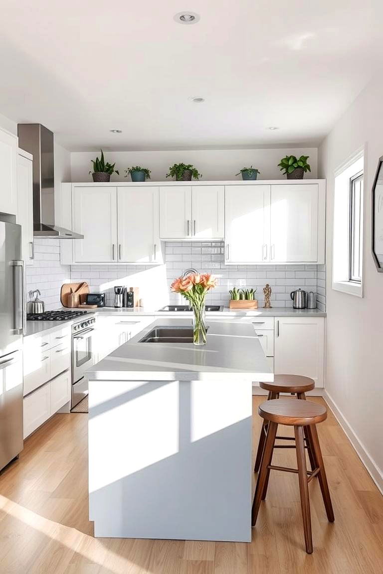 White Cabinets and a Long Narrow Grey Island - 24 White Kitchen Cabinets With Grey Island Ideas