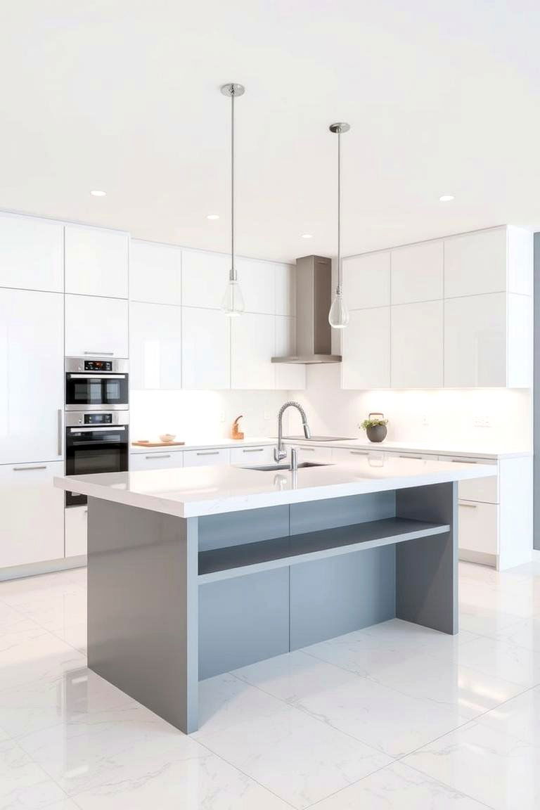 White Cabinets and a Multi Level Grey Island - 24 White Kitchen Cabinets With Grey Island Ideas