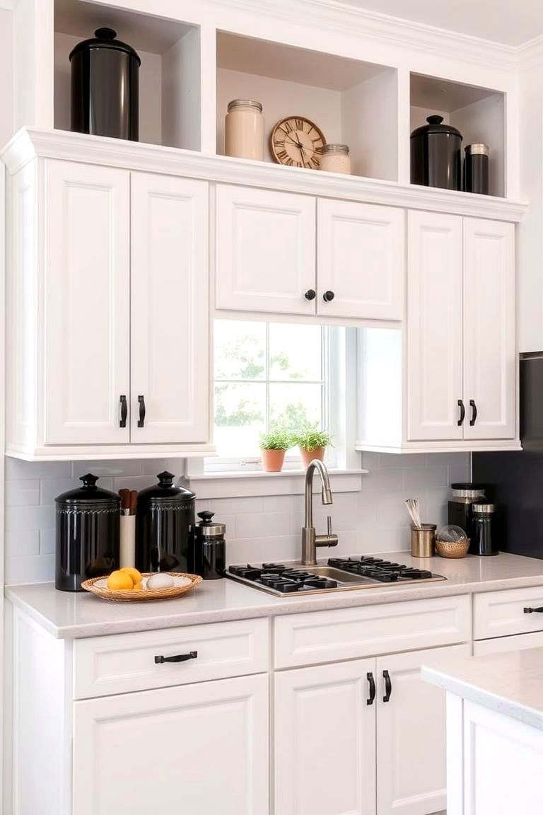 White Cabinets with Black Accents on Upper Shelves - 24 White Kitchen with Black Appliances Ideas