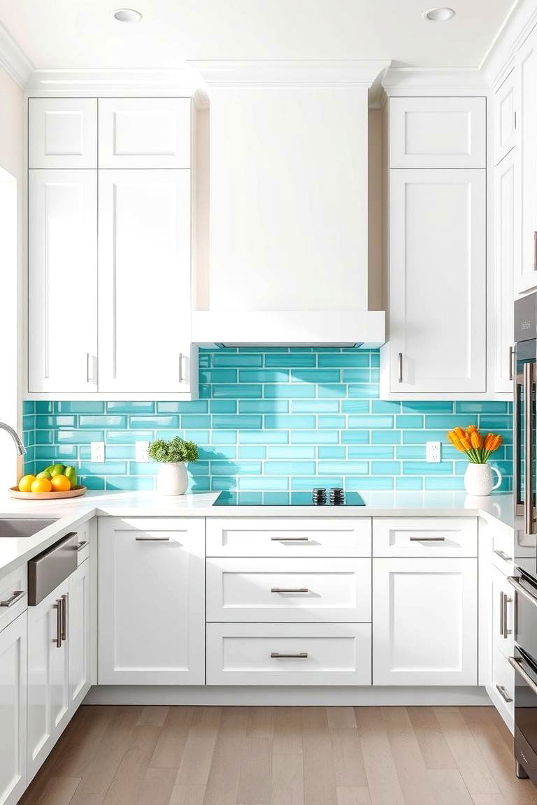 White Cabinets with Teal Backsplash - 24 Teal and White Kitchen Ideas