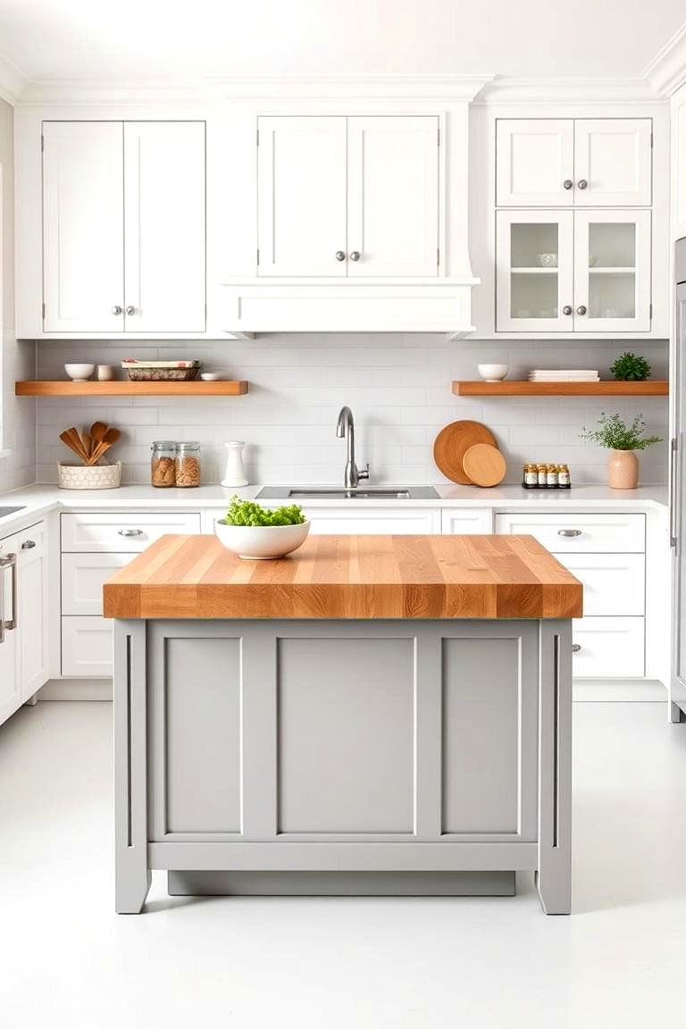 White Cabinets with a Grey Island Incorporating Wood Accents - 24 White Kitchen Cabinets With Grey Island Ideas