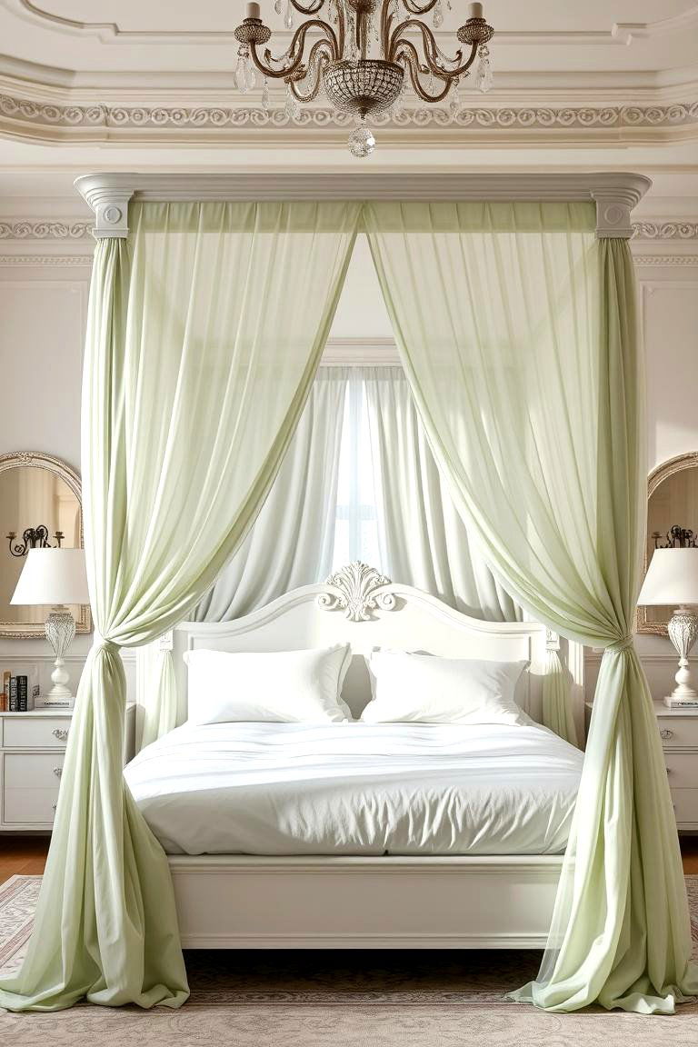 White Canopy Bed with Green Drapes - 24 Green and White Bedroom Ideas