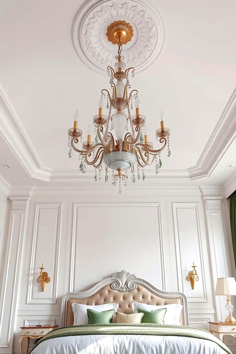 White Ceiling with a Subtle Green Chandelier - 24 Green and White Bedroom Ideas