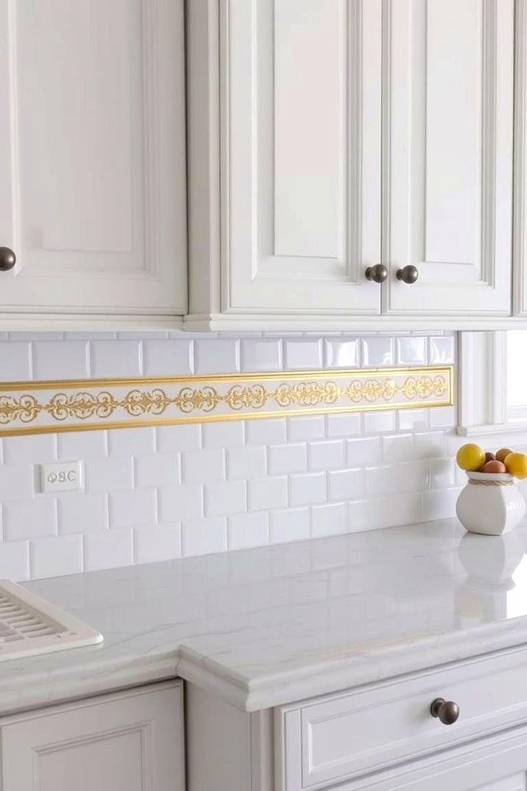 White Ceramic Tiles with a Gold Decorative Border - 24 White and Gold Kitchen Backsplash Ideas