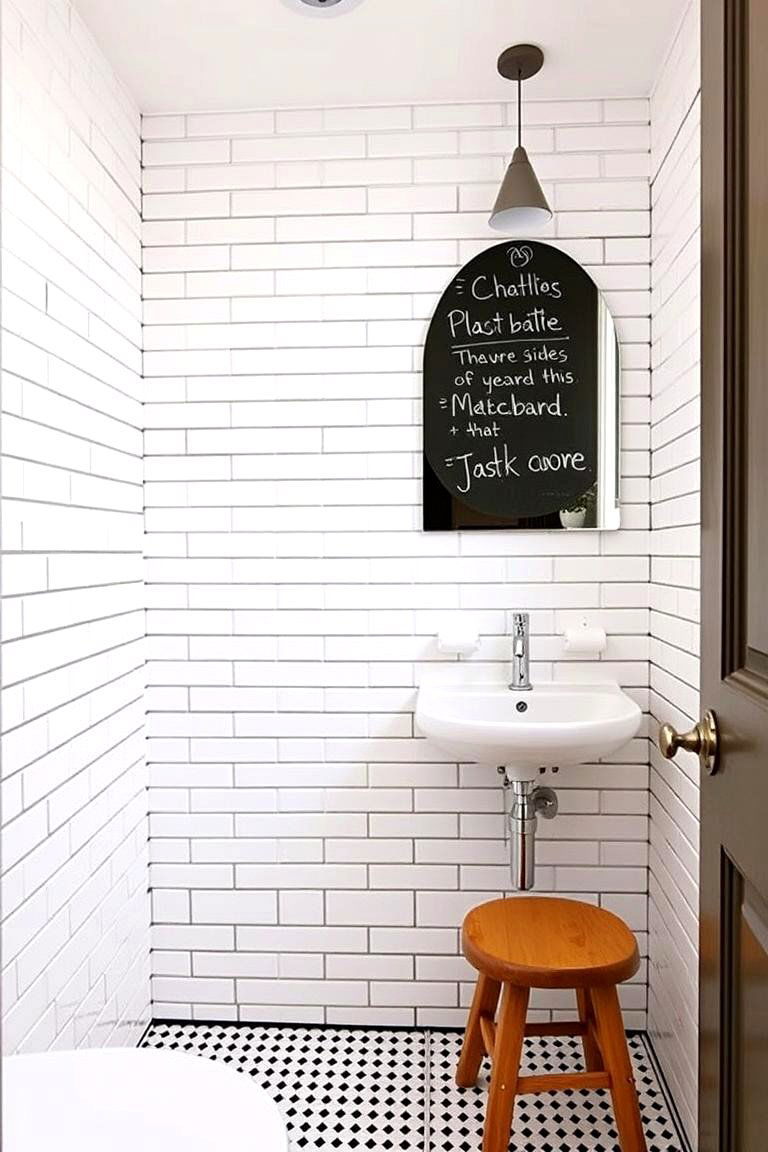 White Chalkboard Paint Accent Wall with Tiles - 24 White Tile Bathroom Ideas