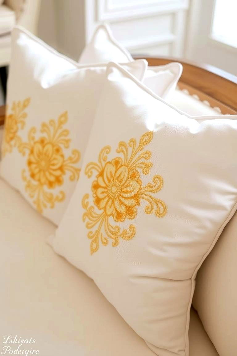 White Decorative Pillows with Gold Embroidery - 24 White and Gold Living Room Ideas