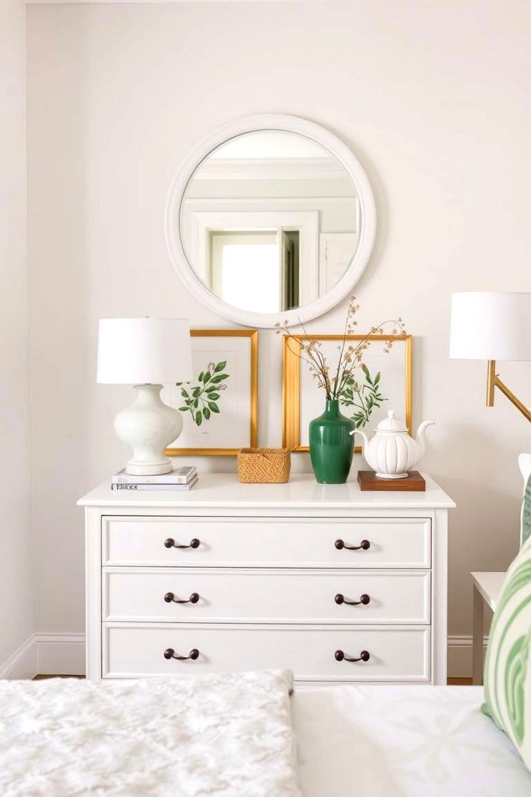 White Dresser with Green Decorative Accents - 24 Green and White Bedroom Ideas