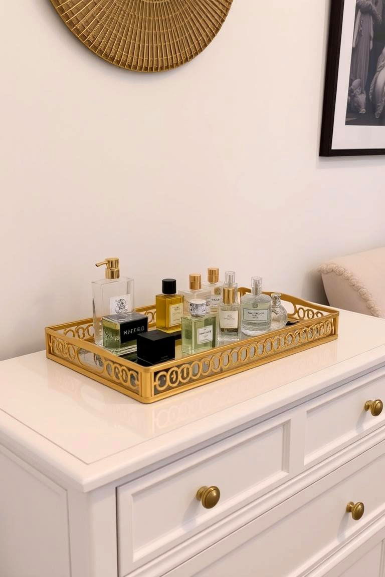 White Dresser with a Gold Topped Tray for Styling - 24 White and Gold Bedroom Ideas
