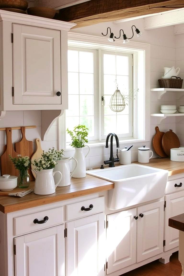 White Enamelware Accents - 24 Rustic White Kitchen Ideas