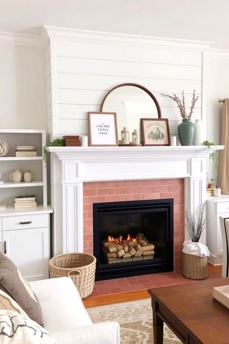 White Farmhouse Fireplace with a Mantle Shelf - 24 Farmhouse Fireplace Ideas