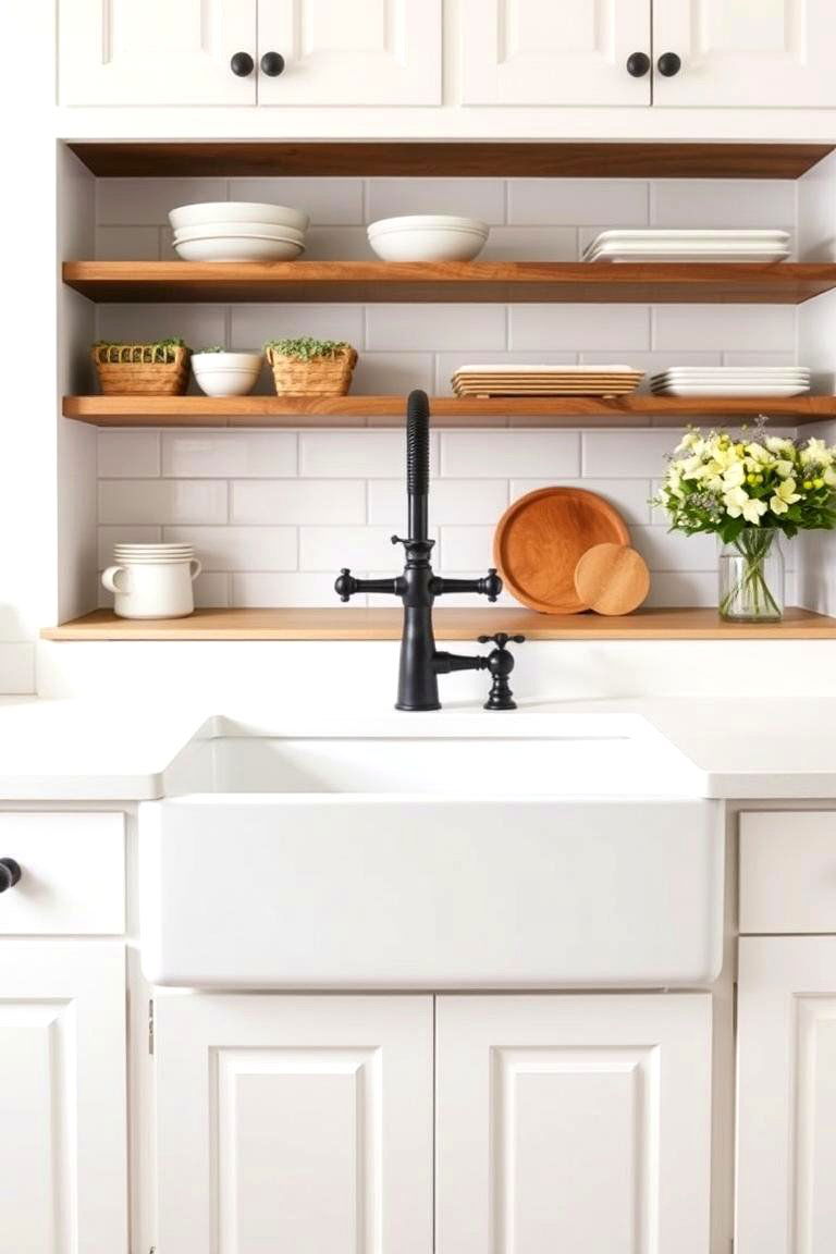 White Farmhouse Sink with a Black Bridge Faucet - 24 White Kitchen with Black Appliances Ideas