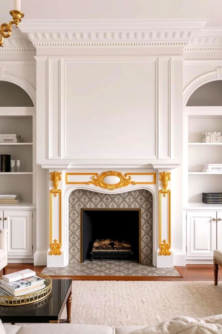 White Fireplace Surround with Gold Detailing - 24 White and Gold Living Room Ideas