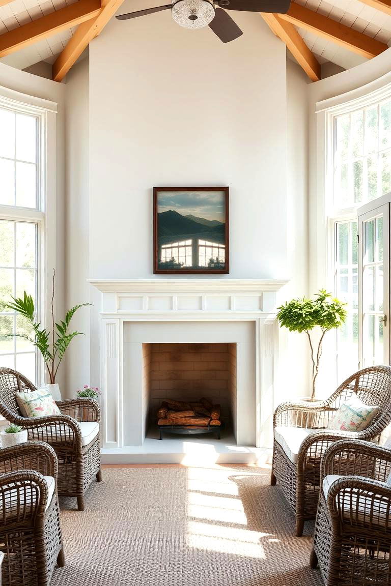 White Fireplace in a Sunroom - 24 White Fireplace Ideas