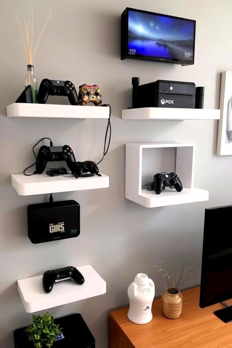 White Floating Shelves for Storage - 24 All White Gaming Setup Ideas