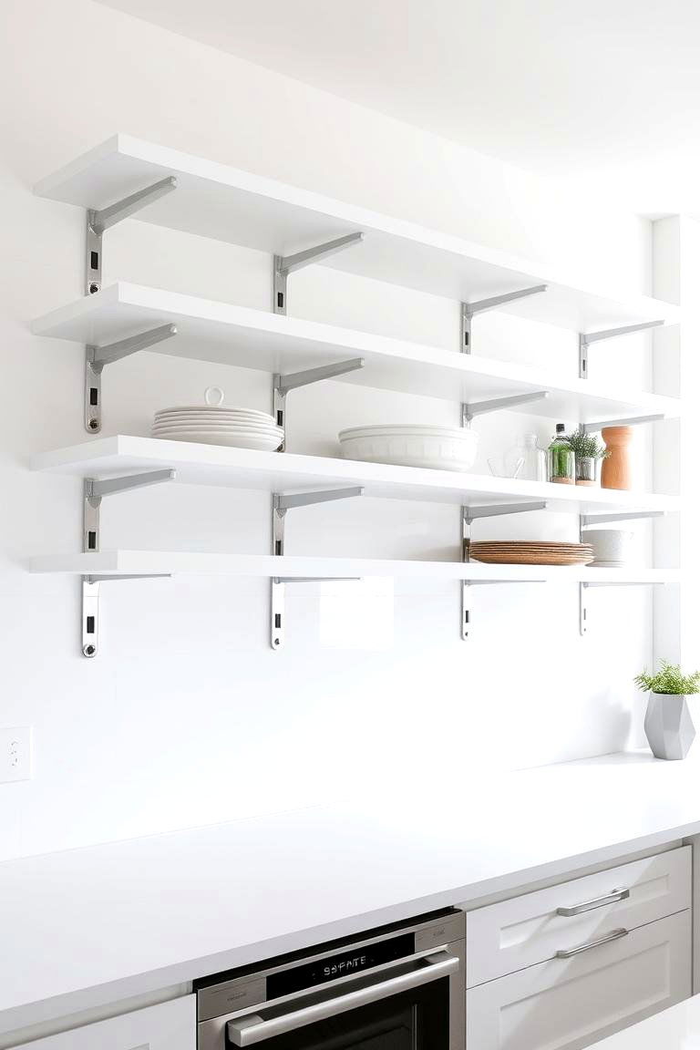 White Floating Shelves with Stainless Steel Supports - 24 White Kitchen with Stainless Steel Appliances Ideas