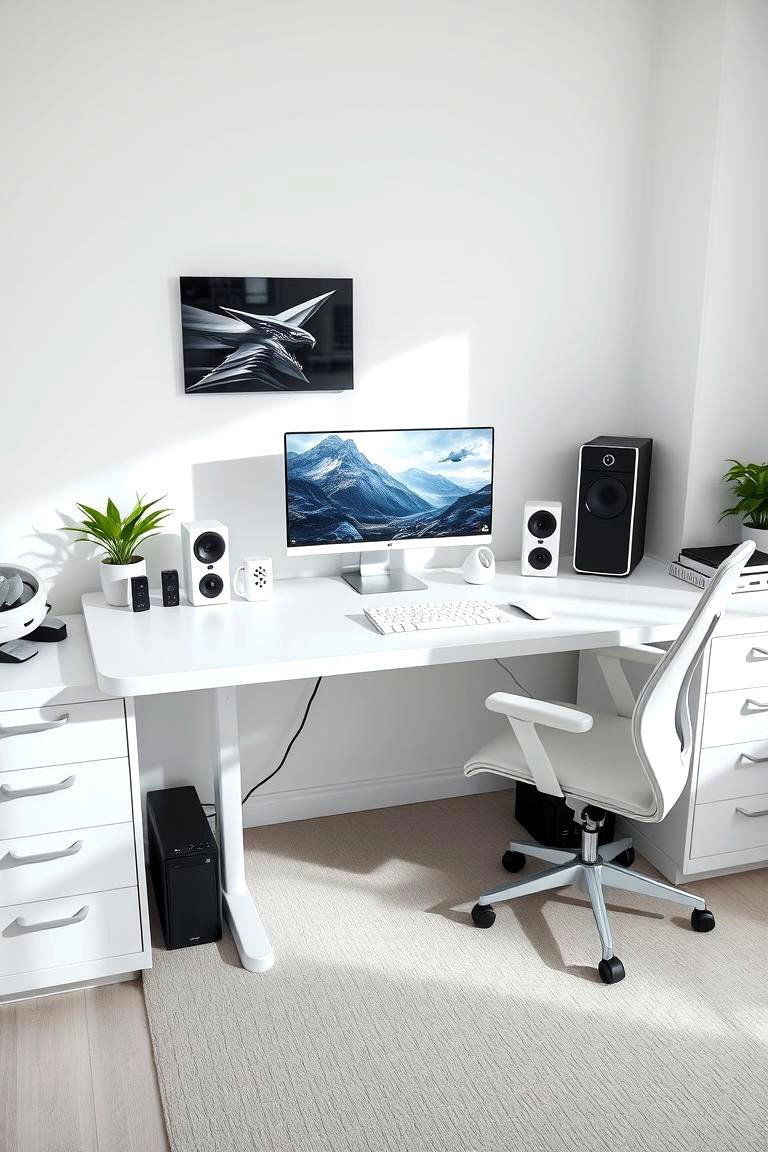 White Gaming Desk with Built In USB Ports - 24 All White Gaming Setup Ideas