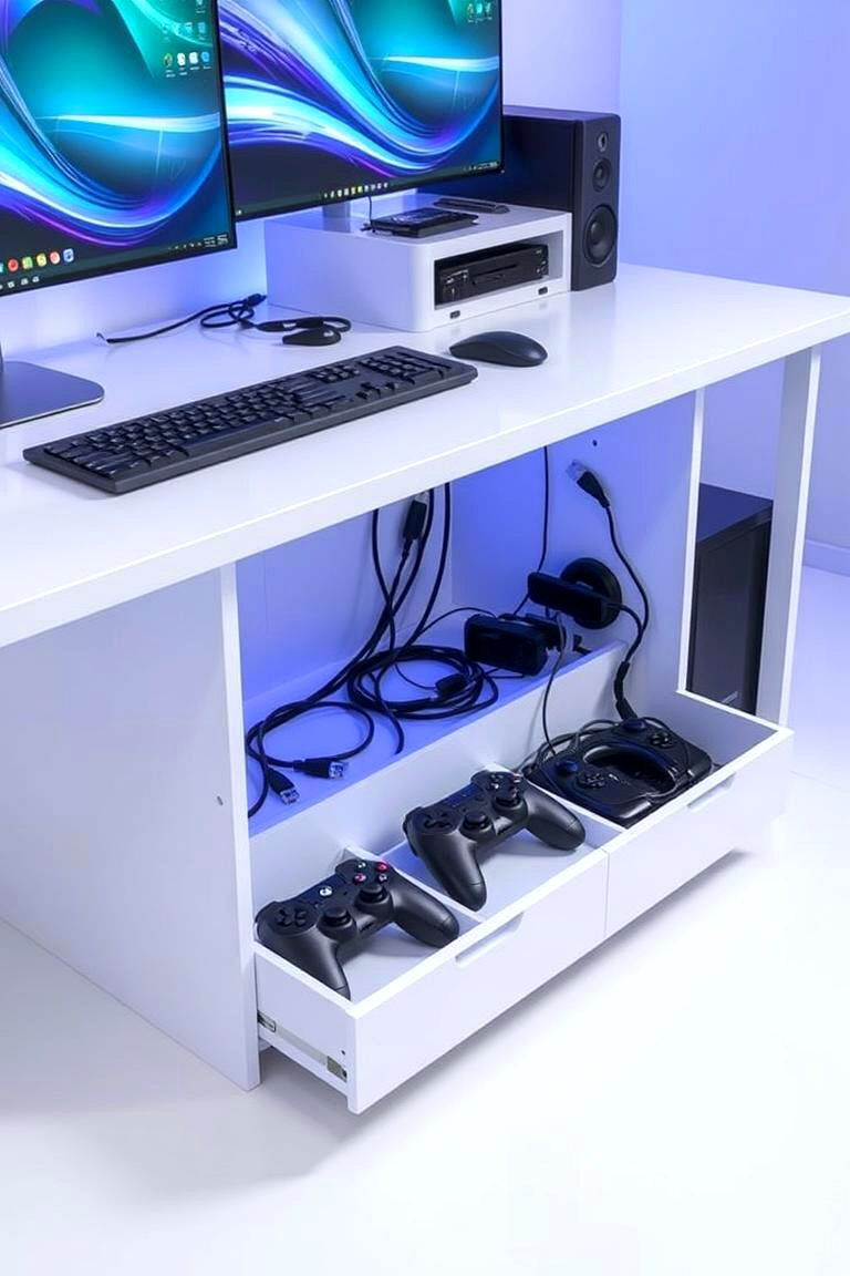White Gaming Desk with Hidden Storage - 24 All White Gaming Setup Ideas