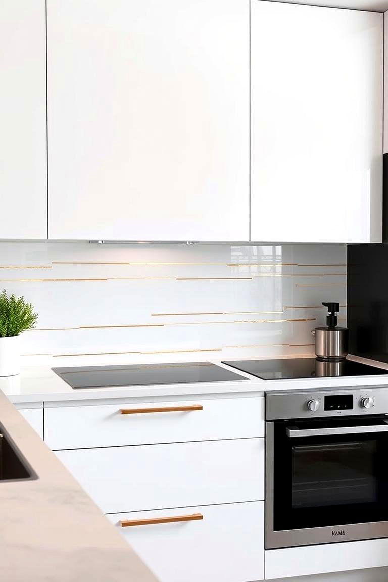 White Glass Tiles with Gold Accents - 24 White and Gold Kitchen Backsplash Ideas