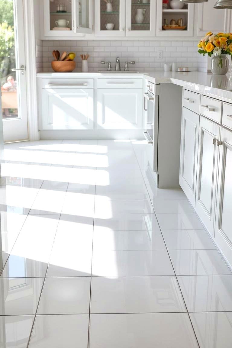 White Glass Tiles - 24 White Kitchen Floor Ideas