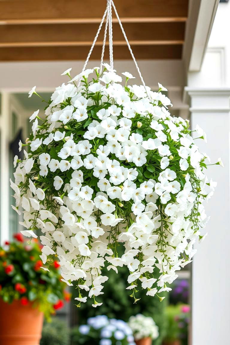 White Hanging Baskets - 24 White Garden Design Ideas
