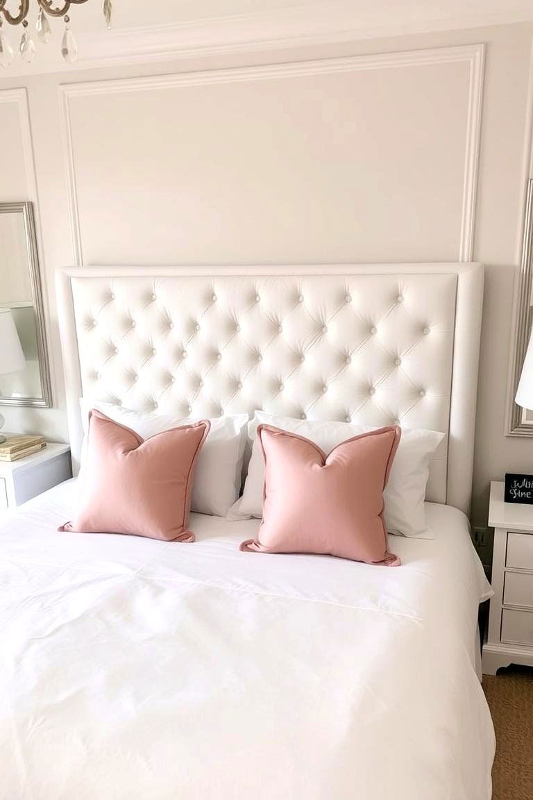 White Headboard with Pink Throw Pillows - 24 Pink and White Bedroom Ideas