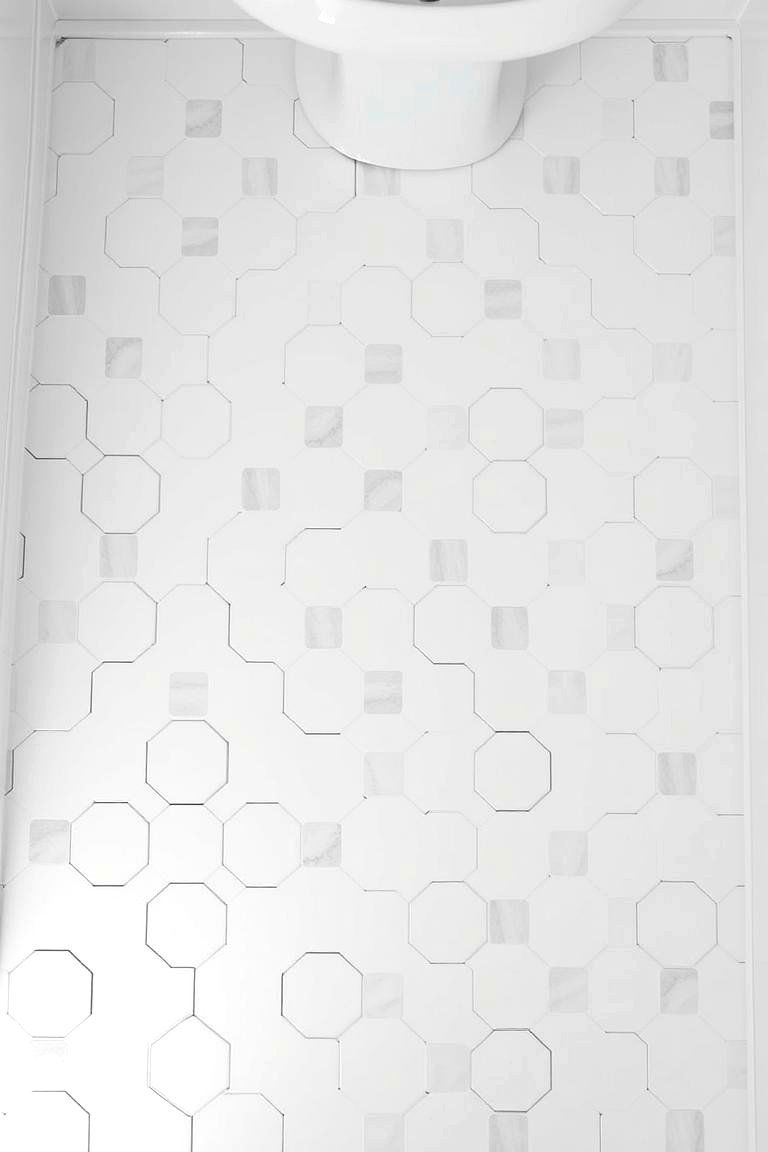 White Hexagon Tiles with Grey Accents on the Floor - 24 Grey and White Bathroom Ideas