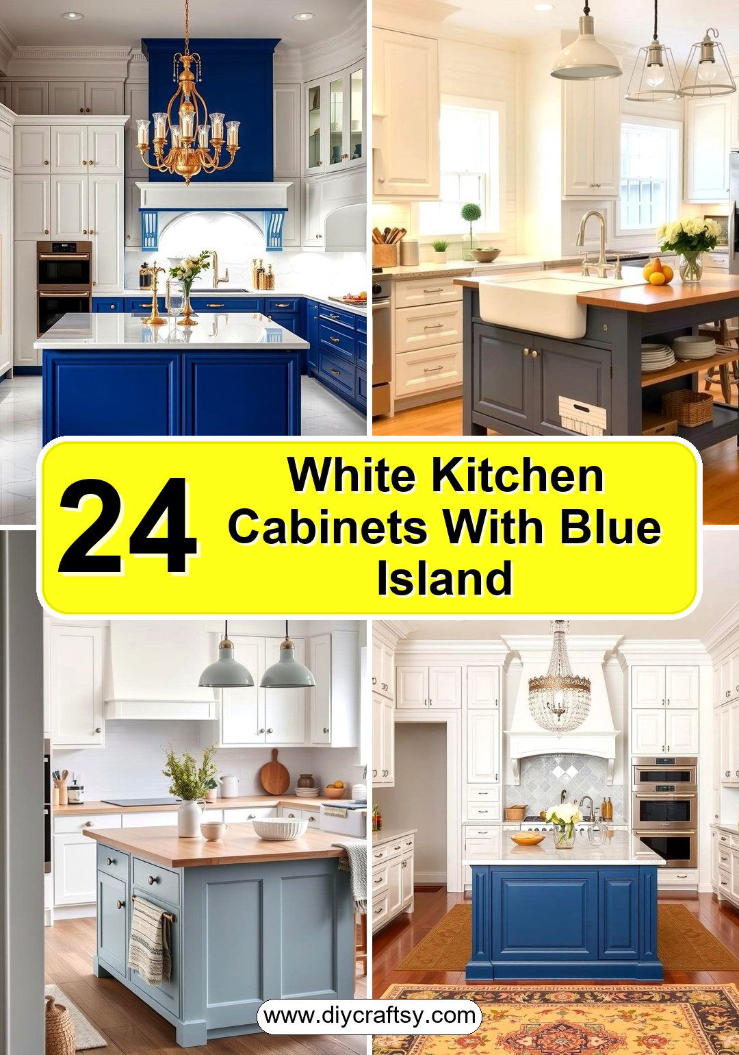 White Kitchen Cabinets With Blue Island