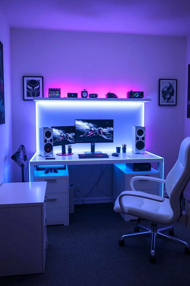 White LED Backlit Gaming Desk - 24 All White Gaming Setup Ideas