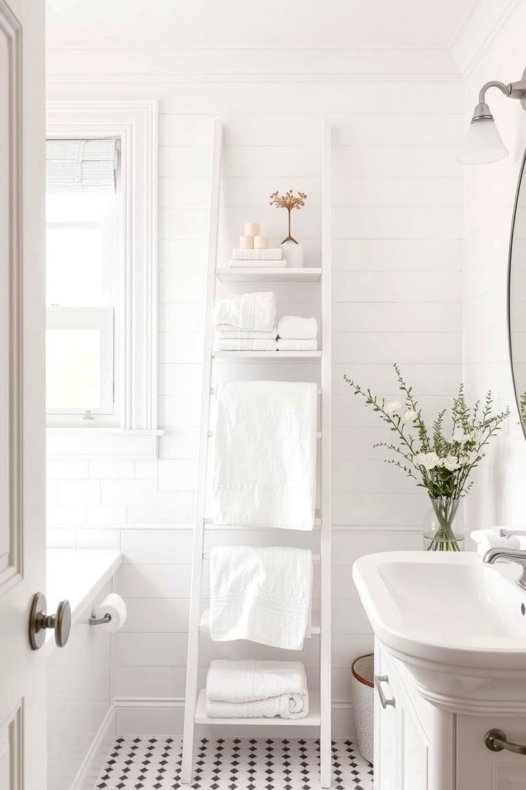 White Ladder Shelf - 24 White Bathroom Ideas