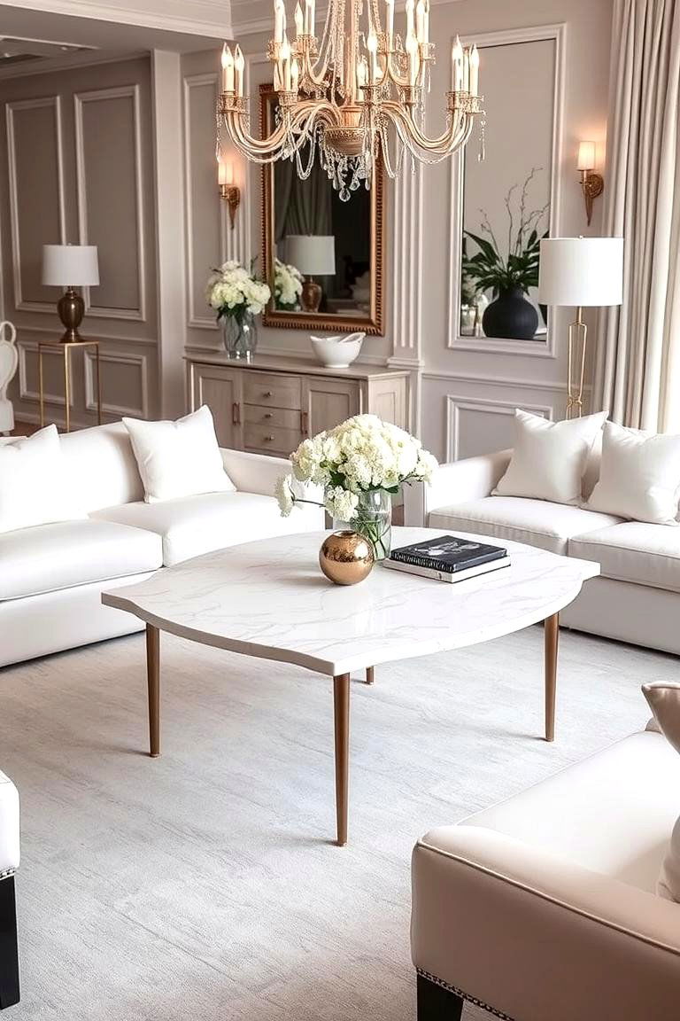White Marble Coffee Table with Gold Legs - 24 White and Gold Living Room Ideas