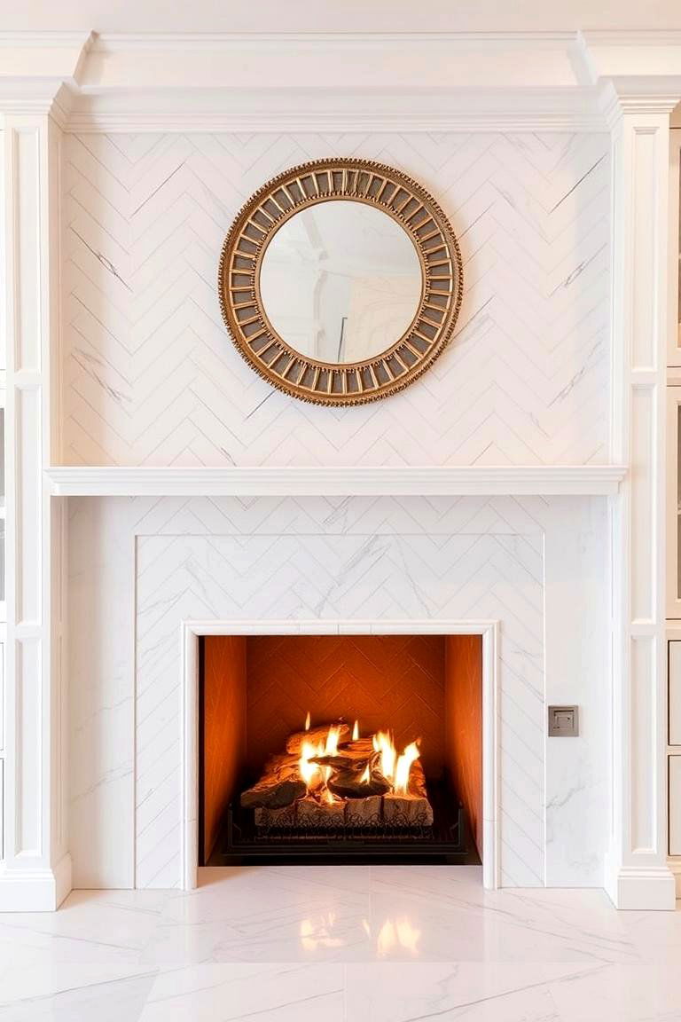White Marble Herringbone Pattern - 24 Fireplace Backsplash Ideas
