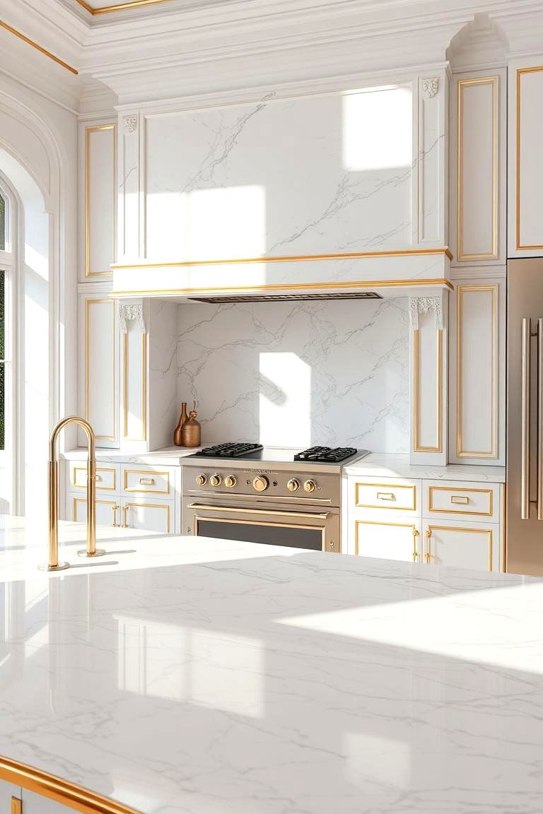 White Marble Surfaces and Gold Edges - 24 White and Gold Kitchen Ideas