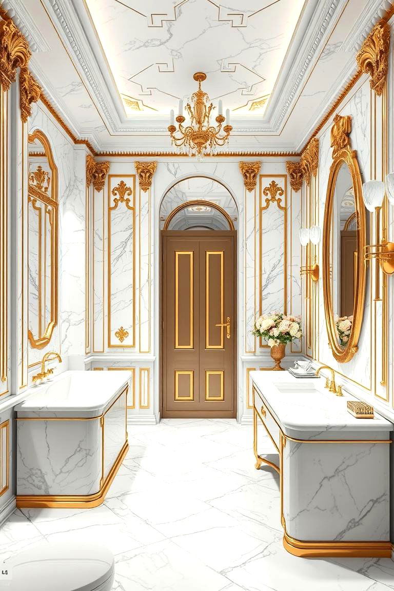 White Marble with Gold Accents for Opulence - 24 Bathroom Backsplash Ideas