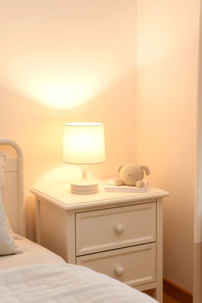 White Nightstand with a Soft Lamp - 24 White Nursery Ideas