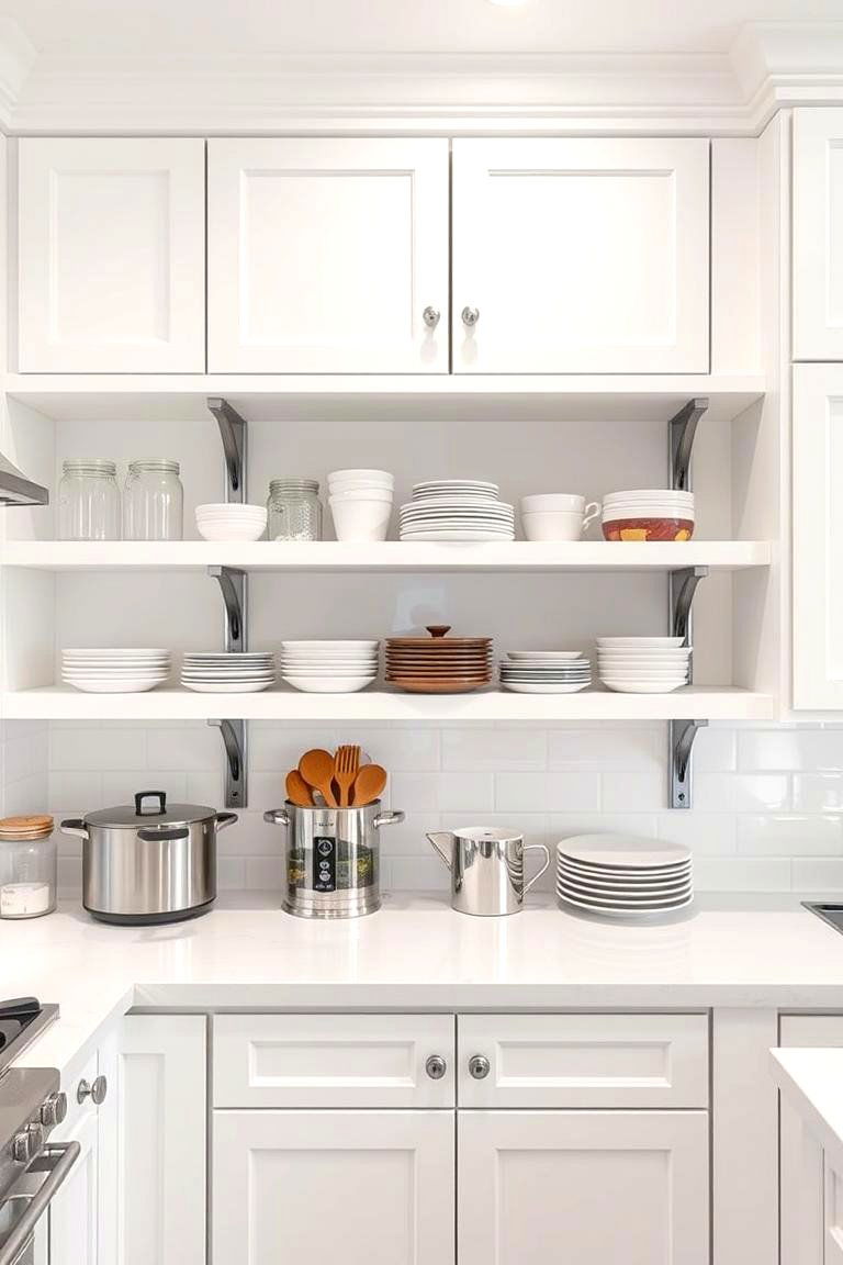 White Open Shelving Accented with Stainless Steel Brackets - 24 White Kitchen with Stainless Steel Appliances Ideas