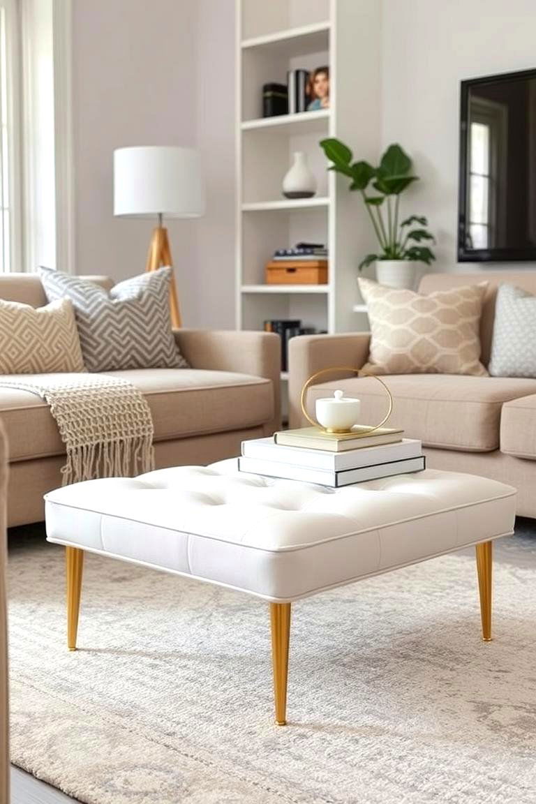 White Ottomans with Gold Legs or Detailing - 24 White and Gold Living Room Ideas