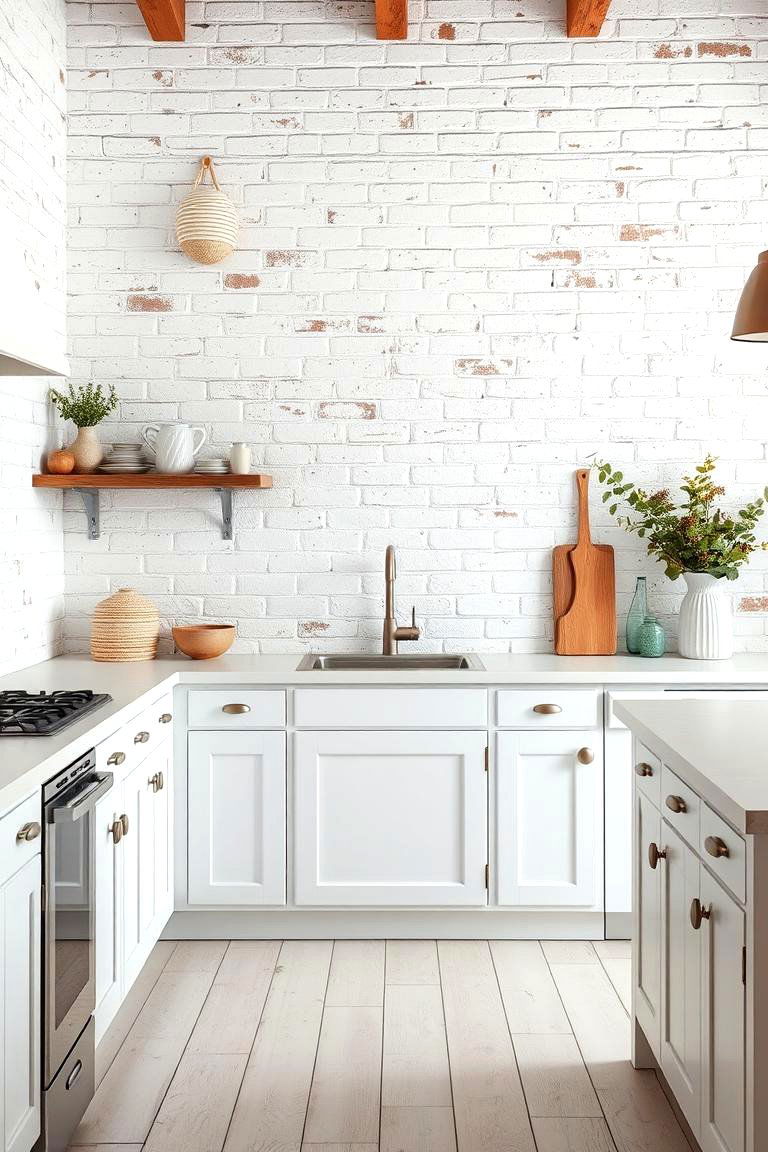 White Painted Brick Wall - 24 Rustic White Kitchen Ideas