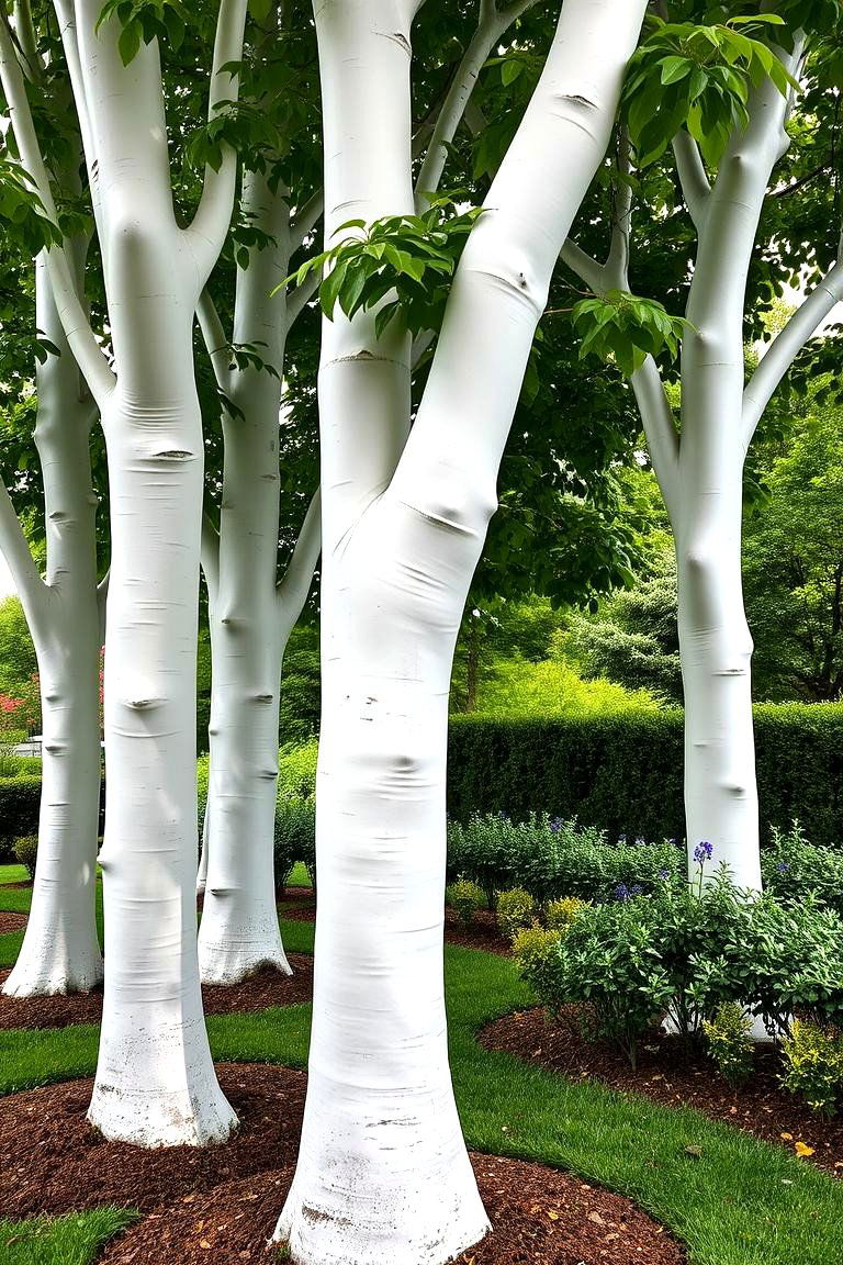 White Painted Tree Trunks - 24 White Garden Design Ideas