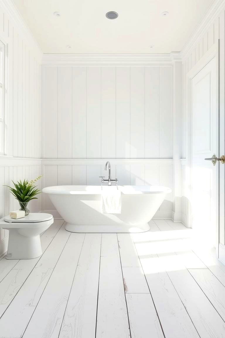 White Painted Wood Floor - 24 White Bathroom Ideas