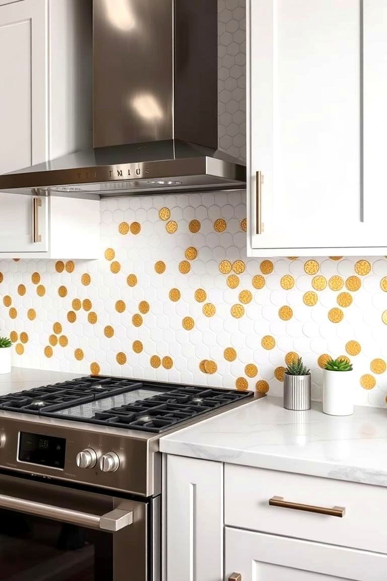 White Penny Tiles with Gold Inlays - 24 White and Gold Kitchen Backsplash Ideas