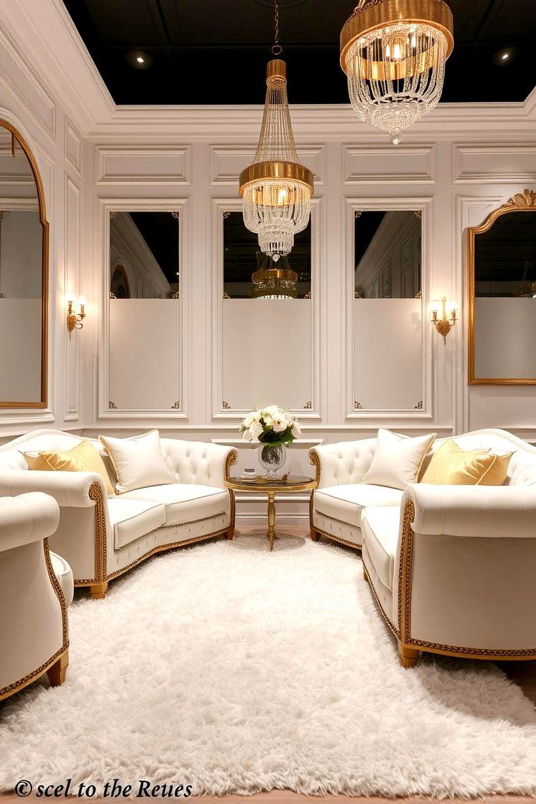 White Plush Seating with Gold Trim - 24 White and Gold Living Room Ideas